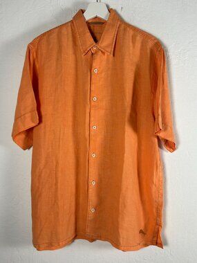 Tommy Bahama Relax Mens Orange Linen Button-Up Camp Shirt Medium Short Sleeve